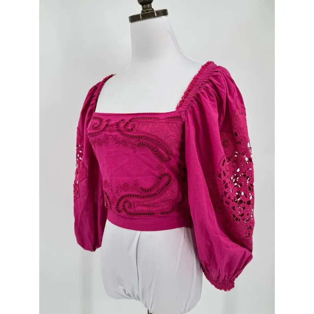 FARM Rio Vibrant Pink Lace Embroidered Puff Sleeve Blouse Crop Top Sz XS